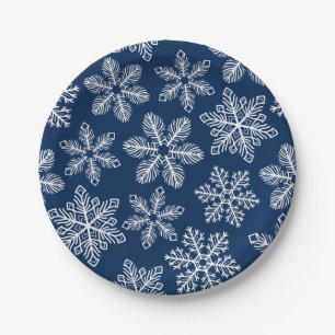 Plato De Papel Copos de nieve en azul oscuro