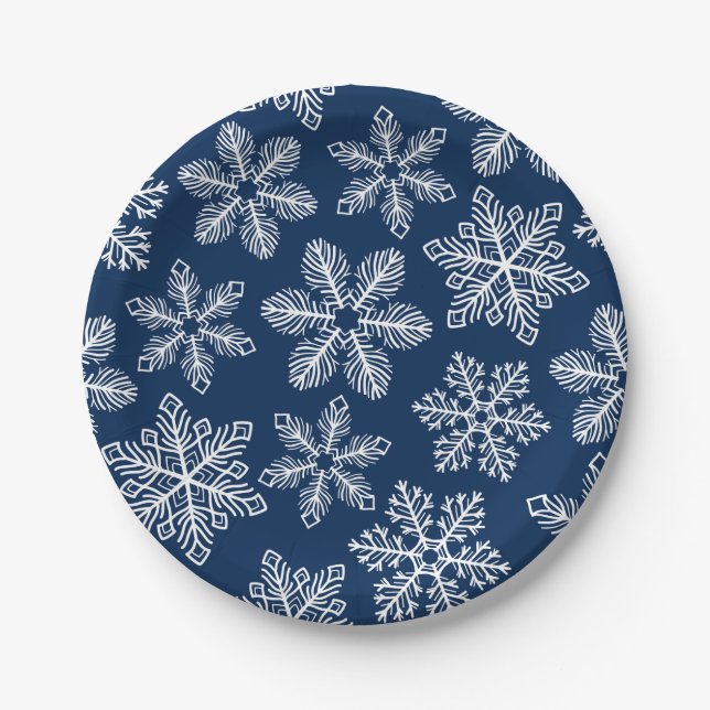 Plato De Papel Copos de nieve en azul oscuro (Anverso)