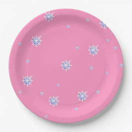 Plato De Papel Copos de nieve en invierno rosa