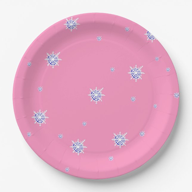 Plato De Papel Copos de nieve en invierno rosa (Anverso)