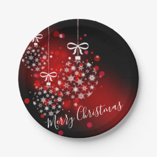 Plato De Papel Copos de nieve en un fondo rojo y negro. 