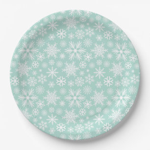 Plato De Papel Copos de nieve festivos de la verde menta y del
