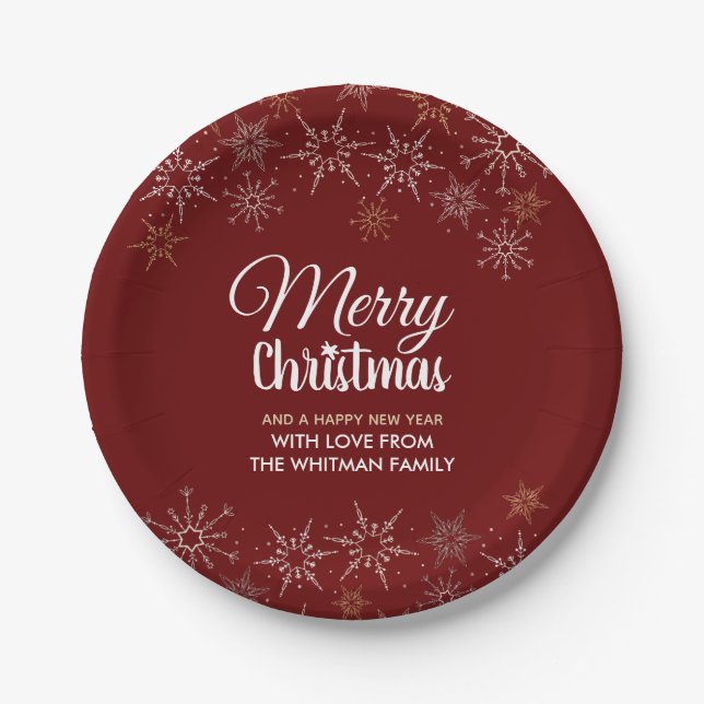 Plato De Papel Copos de Nieve Navideños Rojo Feliz (Anverso)