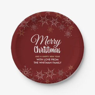 Plato De Papel Copos de Nieve Navideños Rojo Feliz