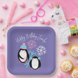 Plato De Papel Copos de nieve para cumpleaños de pingüino rosa az
