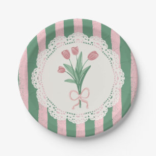 Plato De Papel Coqueta Caprichosa Lazo Rosa Tulipán Vintage