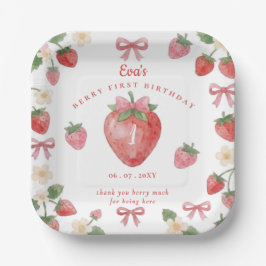 Plato De Papel Coqueta Cumpleaños Primero Fresa Fresa Lazo Rosa