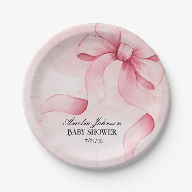 Plato De Papel Coqueta de cinta rosa Baby Shower Rubor para chica (Anverso)