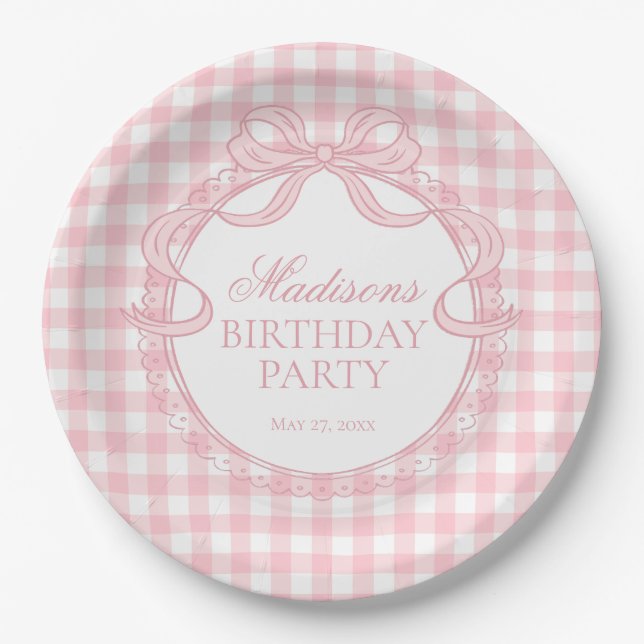 Plato De Papel Coqueta de gingham rosa Cumpleaños con lazo (Anverso)