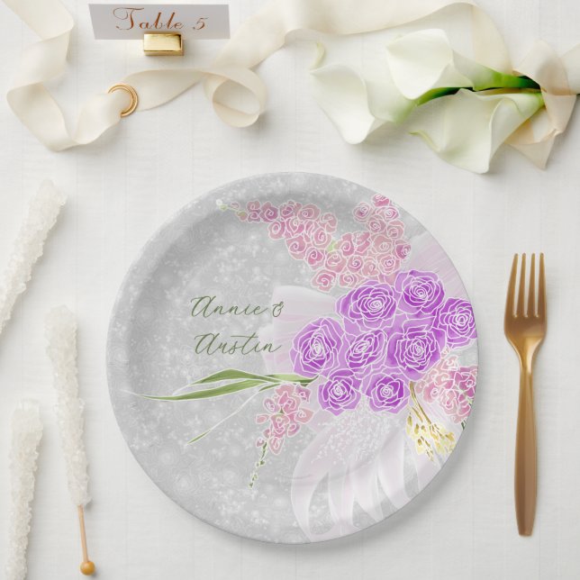 Plato De Papel Coqueta Flor de Bow Bouquet Rosa Transparente (Boda)