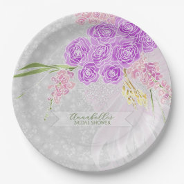 Plato De Papel Coqueta Lazo Rosa Transparente y Ramo