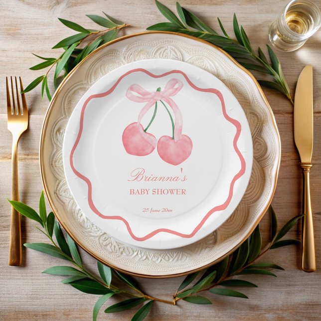 Plato De Papel Coqueta rosa cereza ducha bebé personalizada (Cherry pink coquette baby shower customized paper plates monogrammed plates personalized tableware)