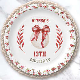 Plato De Papel Coquette Baseball Red Bow Floral Moderno Cumpleaño