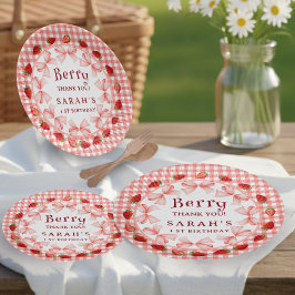 Plato De Papel Coquette Berry Primera Cumpleaños Rojo Gingham
