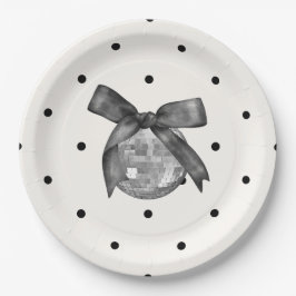 Plato De Papel Coquette Black Bow & Disco Ball Elegante Cumpleaño
