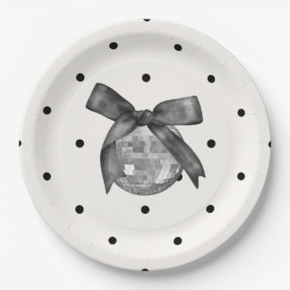 Plato De Papel Coquette Black Bow & Disco Ball Elegante Cumpleaño