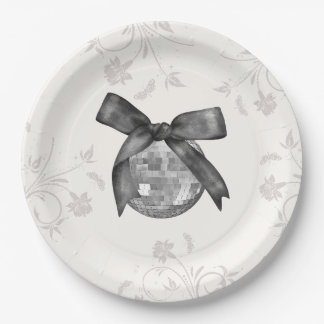Plato De Papel Coquette Black Bow & Disco Ball Elegante Cumpleaño