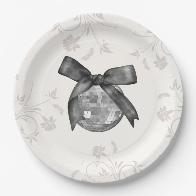 Plato De Papel Coquette Black Bow & Disco Ball Elegante Cumpleaño (Anverso)