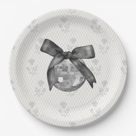 Plato De Papel Coquette Black Bow & Disco Ball Elegante Cumpleaño