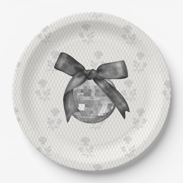 Plato De Papel Coquette Black Bow & Disco Ball Elegante Cumpleaño (Anverso)