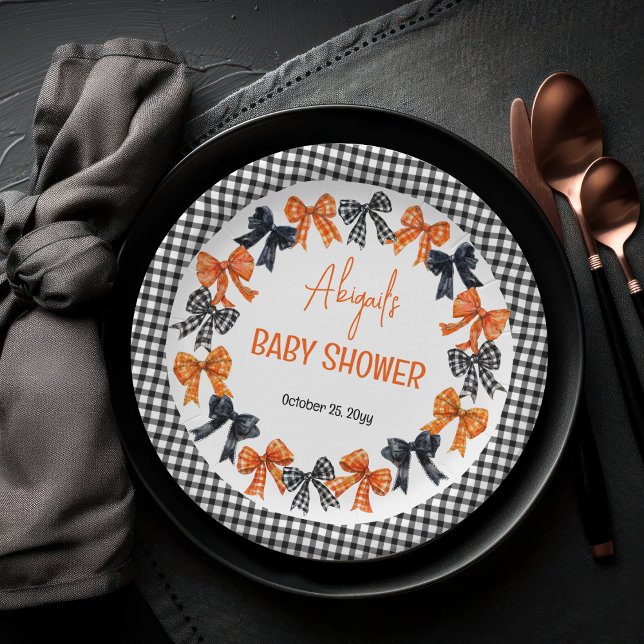 Plato De Papel Coquette Black de Halloween | Naranja Bows Baby Sh (Halloween Coquette Black | Orange Bows Girl Baby Shower Paper Plates)
