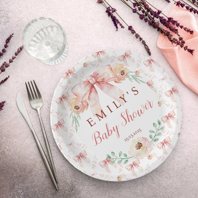 Plato De Papel Coquette bow Florals Baby Shower (Subido por el creador)