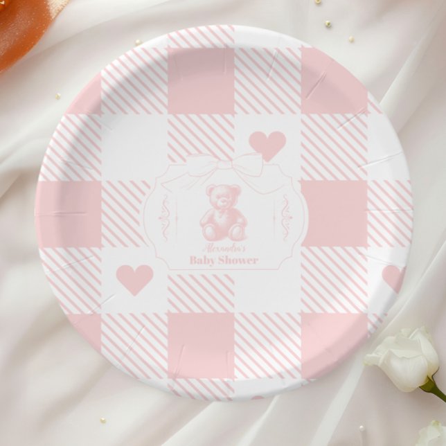 Plato De Papel Coquette Bow Gingham French Teddy Bear Baby Shower (Subido por el creador)