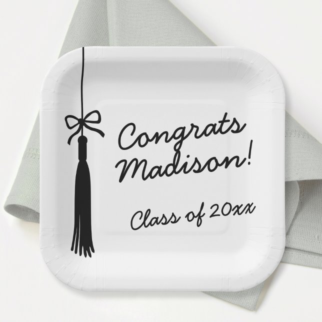 Plato De Papel Coquette Bow Grad Tassel Black & White Graduation (Coquette Bow Grad Tassel Black & White Graduation Paper Plates)
