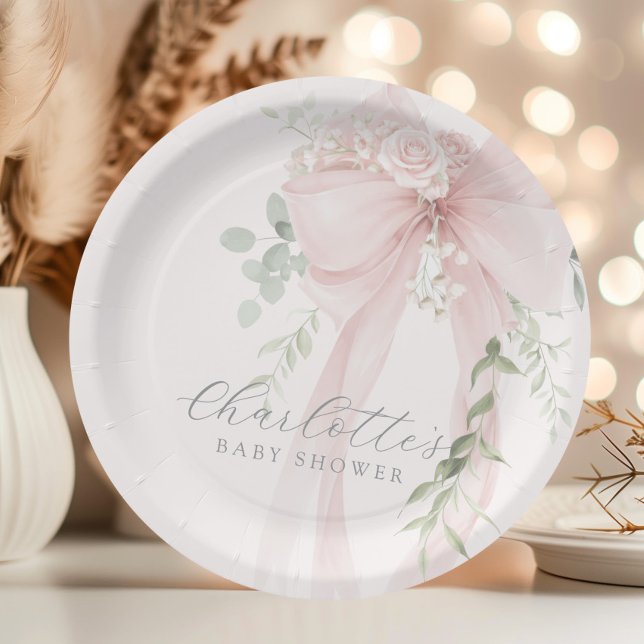 Plato De Papel Coquette Bow Greenery Baby in bloom baby Shower (Subido por el creador)
