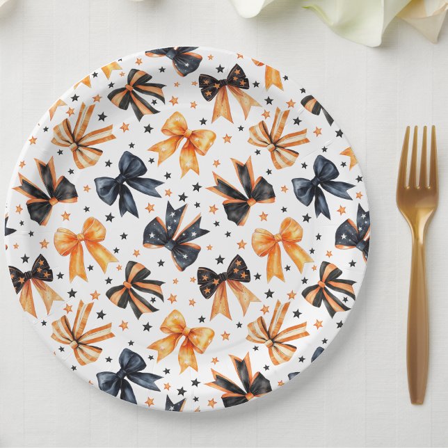 Plato De Papel Coquette Bow, Naranja negro de Halloween (Subido por el creador)