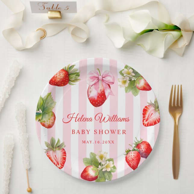 Plato De Papel Coquette Bow Strawberries Baby Shower (Boda)