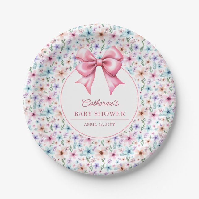 Plato De Papel Coquette Bow Wildflowers Elegante Floral (Anverso)