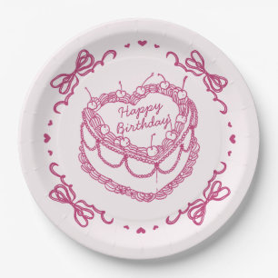 Plato De Papel Coquette Cherry Cake Pink Retro Heart Coquette