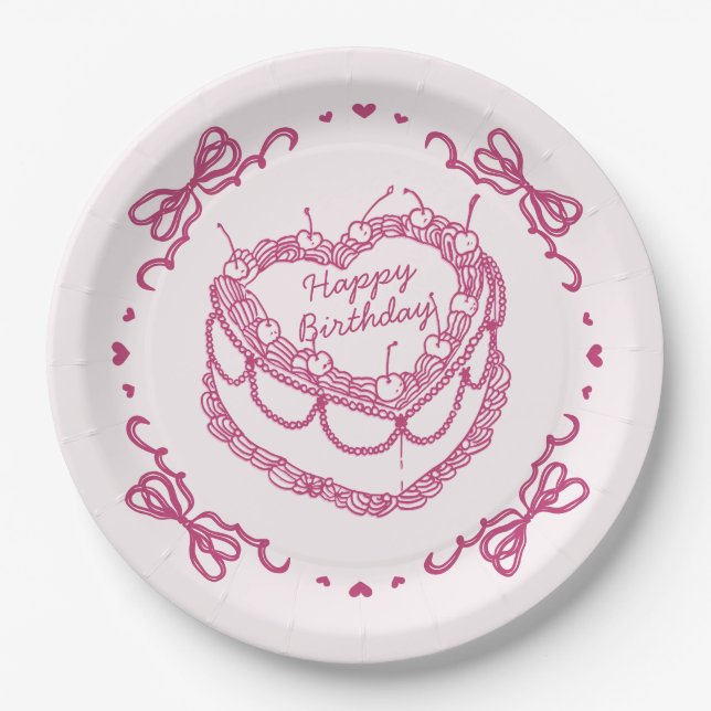 Plato De Papel Coquette Cherry Cake Pink Retro Heart Coquette (Anverso)