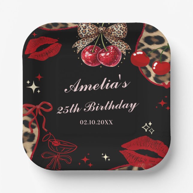 Plato De Papel Coquette Cherry Cheetah Birthday Party (Anverso)