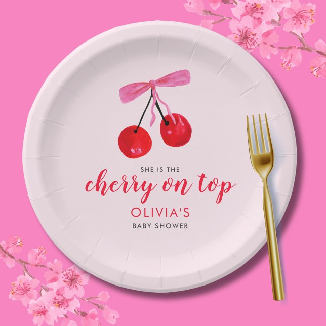 Plato De Papel Coquette Cherry en Top Chica Baby Shower (Cherry on Top Baby Shower  paper plate with coquette cherries and pink ribbon bow)