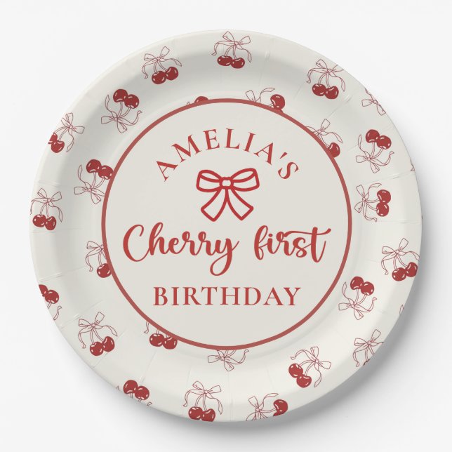 Plato De Papel Coquette Cherry First Birday Paper Placas (Anverso)