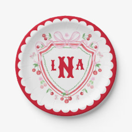 Plato De Papel Coquette Cherry Monogram Crest Despedida de Solter