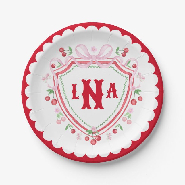 Plato De Papel Coquette Cherry Monogram Crest Despedida de Solter (Anverso)