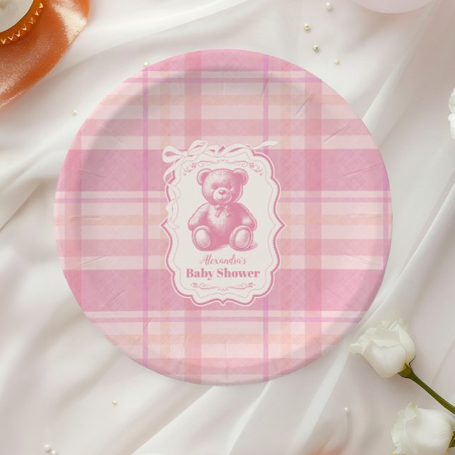 Plato De Papel Coquette Gingham French Teddy Bear Baby Shower (Subido por el creador)