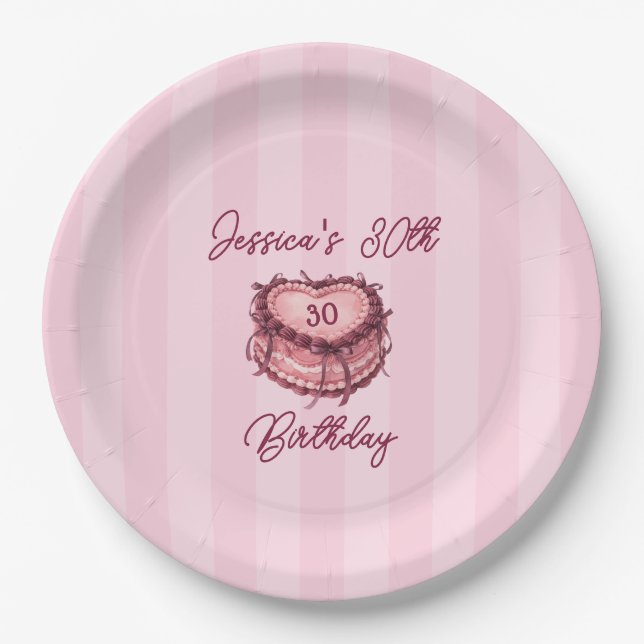 Plato De Papel Coquette Heart Birthday Cake Paper Plate (Anverso)