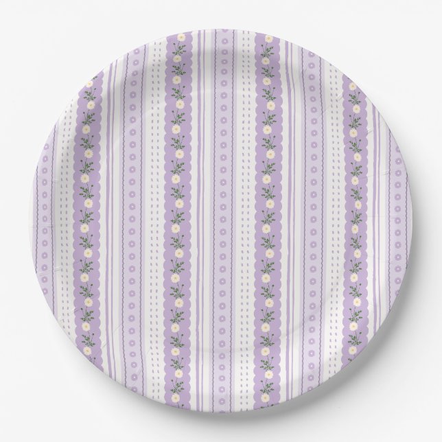Plato De Papel Coquette Lavender Scallop Floral Stripe (Anverso)