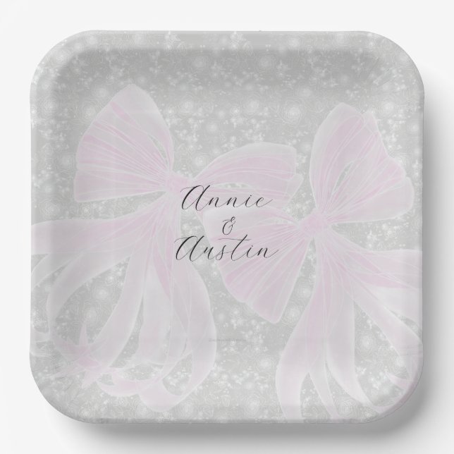 Plato De Papel  Coquette lazos rosa transparente - Cuadrado  (Anverso)