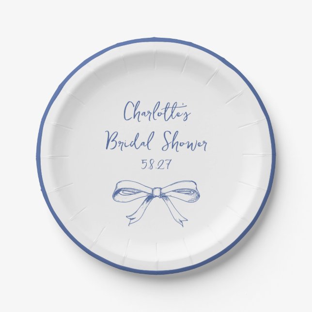 Plato De Papel Coquette manuscrita Bow Blue Bridal Shower (Anverso)