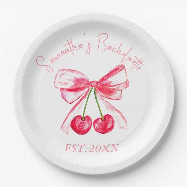 Plato De Papel Coquette Pink Bow Cherry Bachelorette (Anverso)