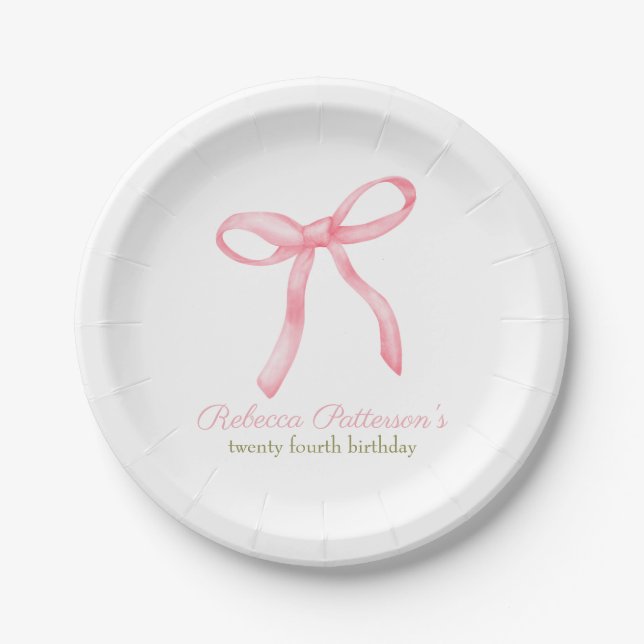 Plato De Papel Coquette Pink Bow Feminine Bday Fiesta personaliza (Anverso)