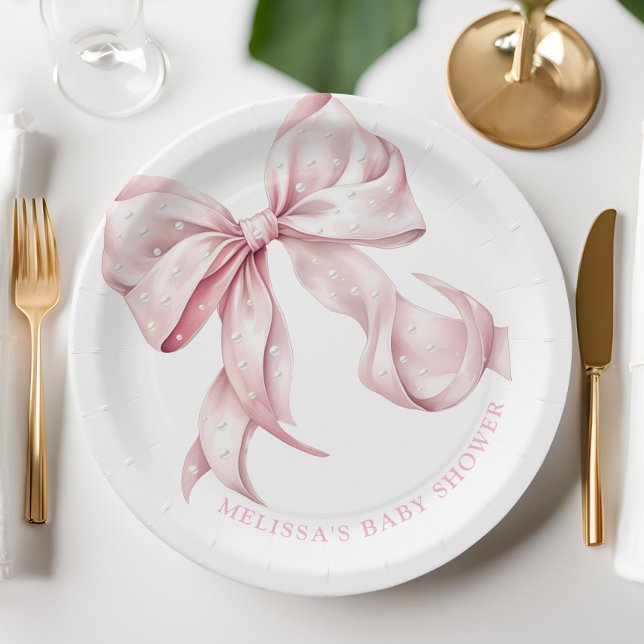 Plato De Papel Coquette Pink Bow Pearls Baby Shower (Subido por el creador)