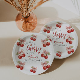 Plato De Papel Coquette Pink Bow Red Cherry en Baby Shower superi