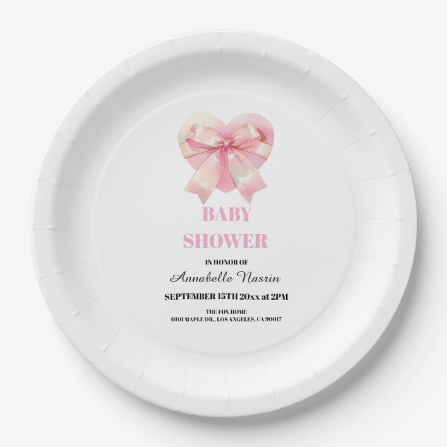 Plato De Papel Coquette Pink Bow Ribbon Girl Baby Shower (Anverso)