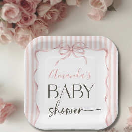 Plato De Papel Coquette Pink Bow Wavy Stripe Girl Baby Shower